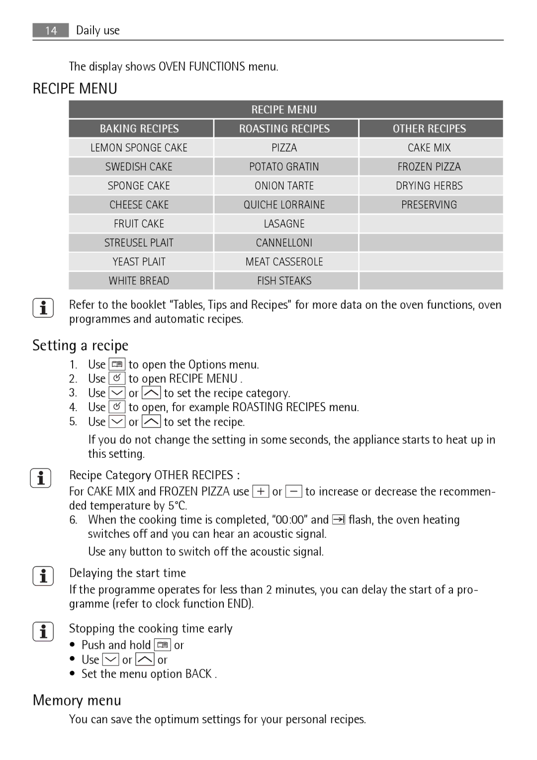 Electrolux B9831-5 user manual Setting a recipe, Memory menu, Cake MIX Frozen Pizza Drying Herbs Preserving 