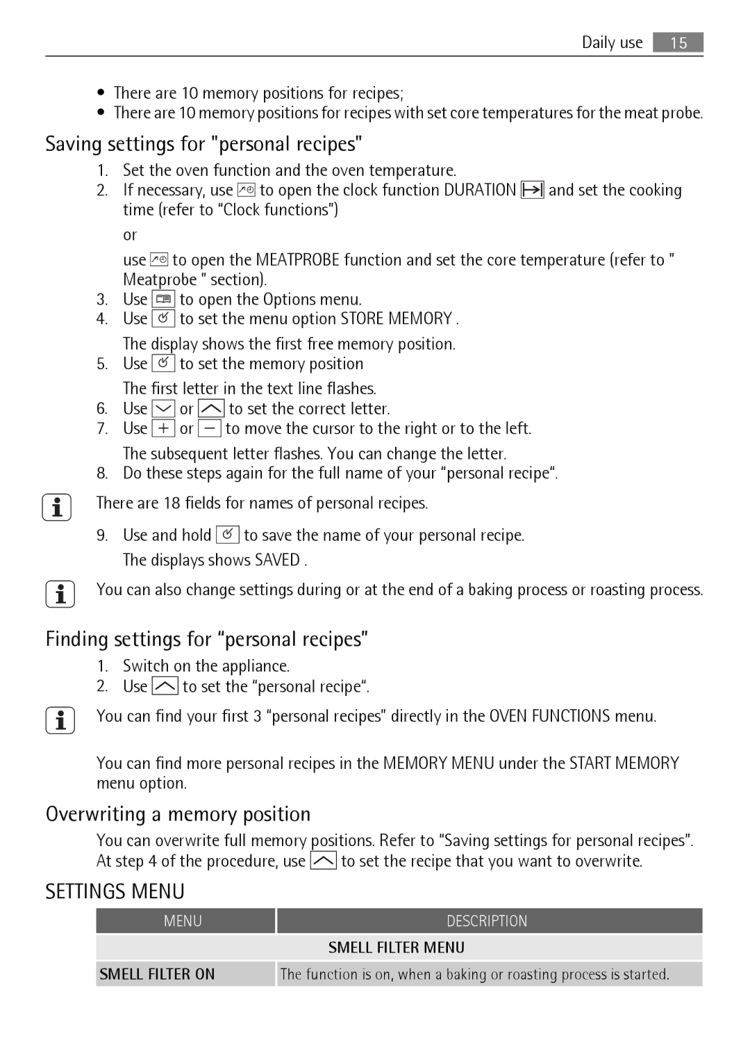 Electrolux B9831-5 user manual Saving settings for personal recipes, Finding settings for personal recipes 