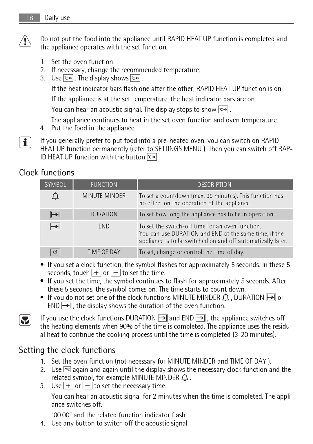 Electrolux B9831-5 user manual Clock functions, Setting the clock functions 