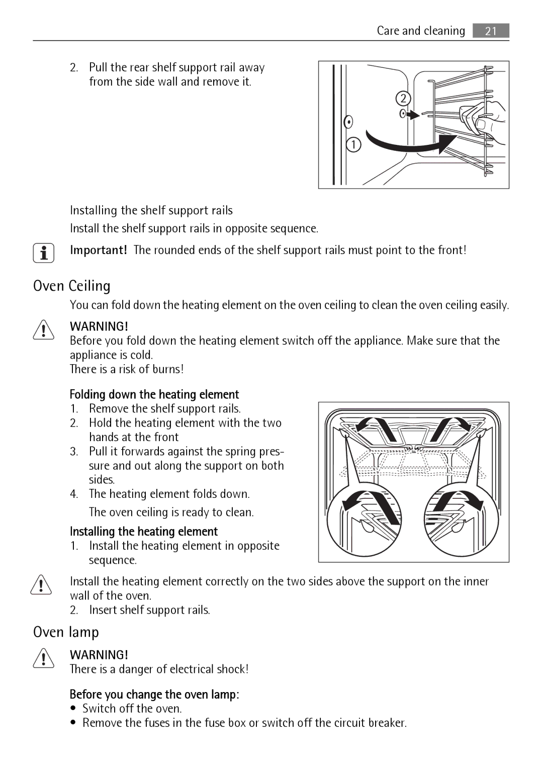 Electrolux B9831-5 user manual Oven Ceiling, Folding down the heating element, Installing the heating element 