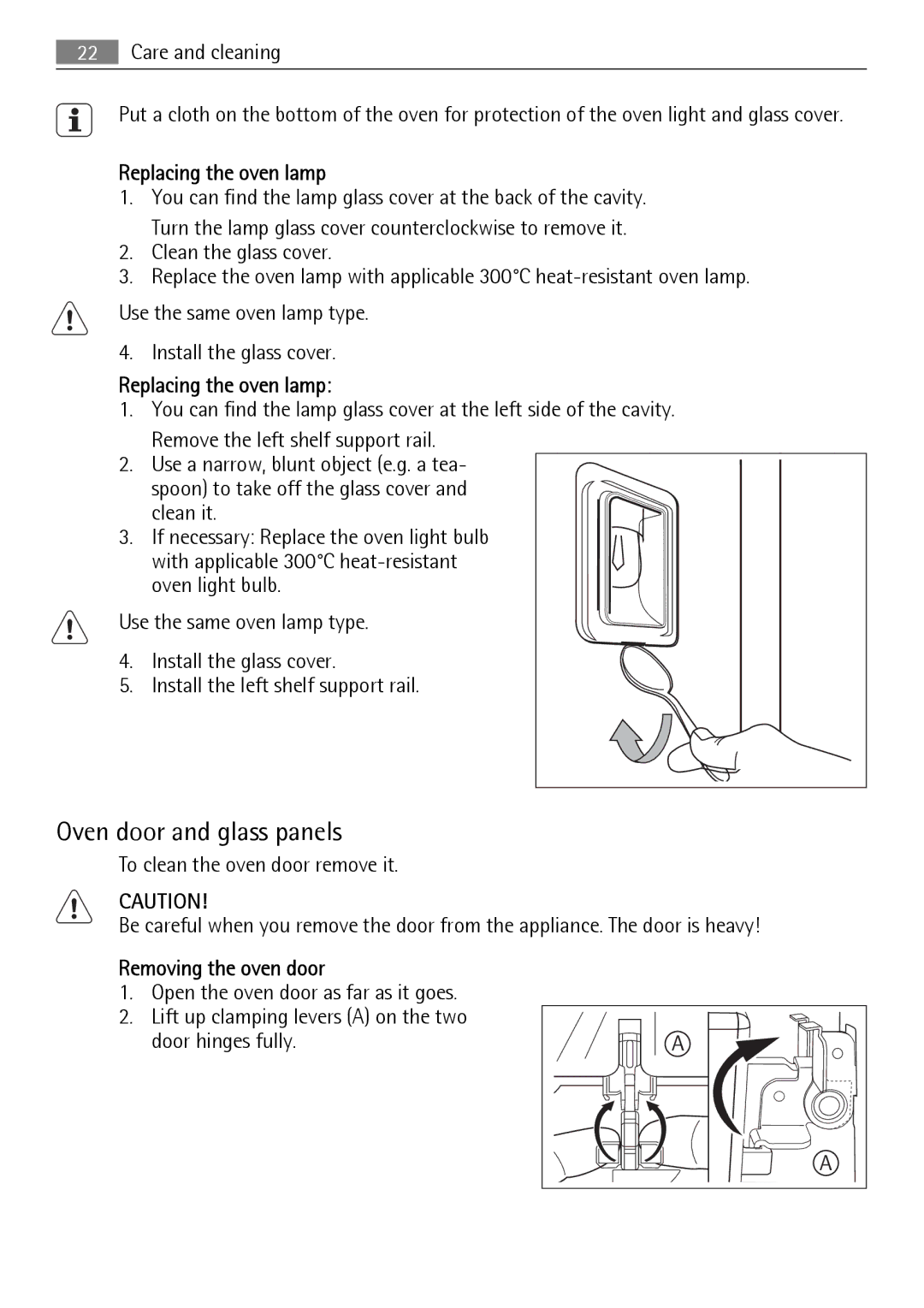 Electrolux B9831-5 user manual Oven door and glass panels, Replacing the oven lamp, Removing the oven door 