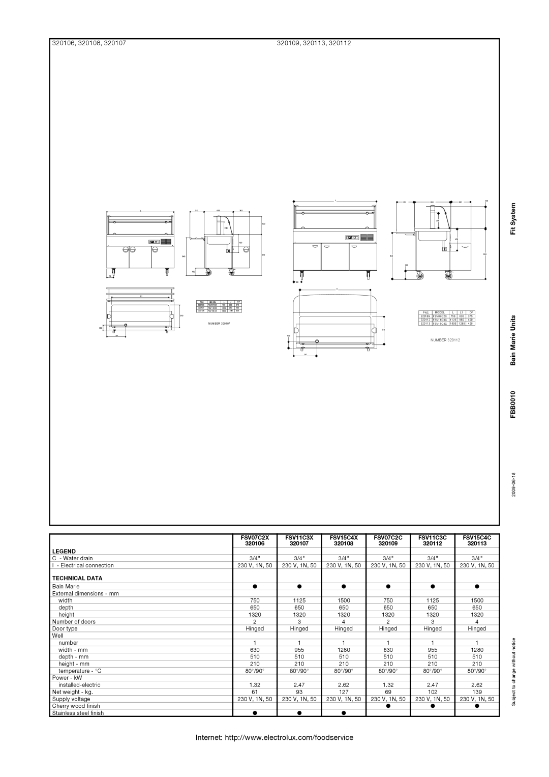 Electrolux 320109, 320113, Fit System FBB0010 Bain Marie Units, FSV07C2X FSV11C3X FSV15C4X FSV07C2C FSV11C3C FSV15C4C 