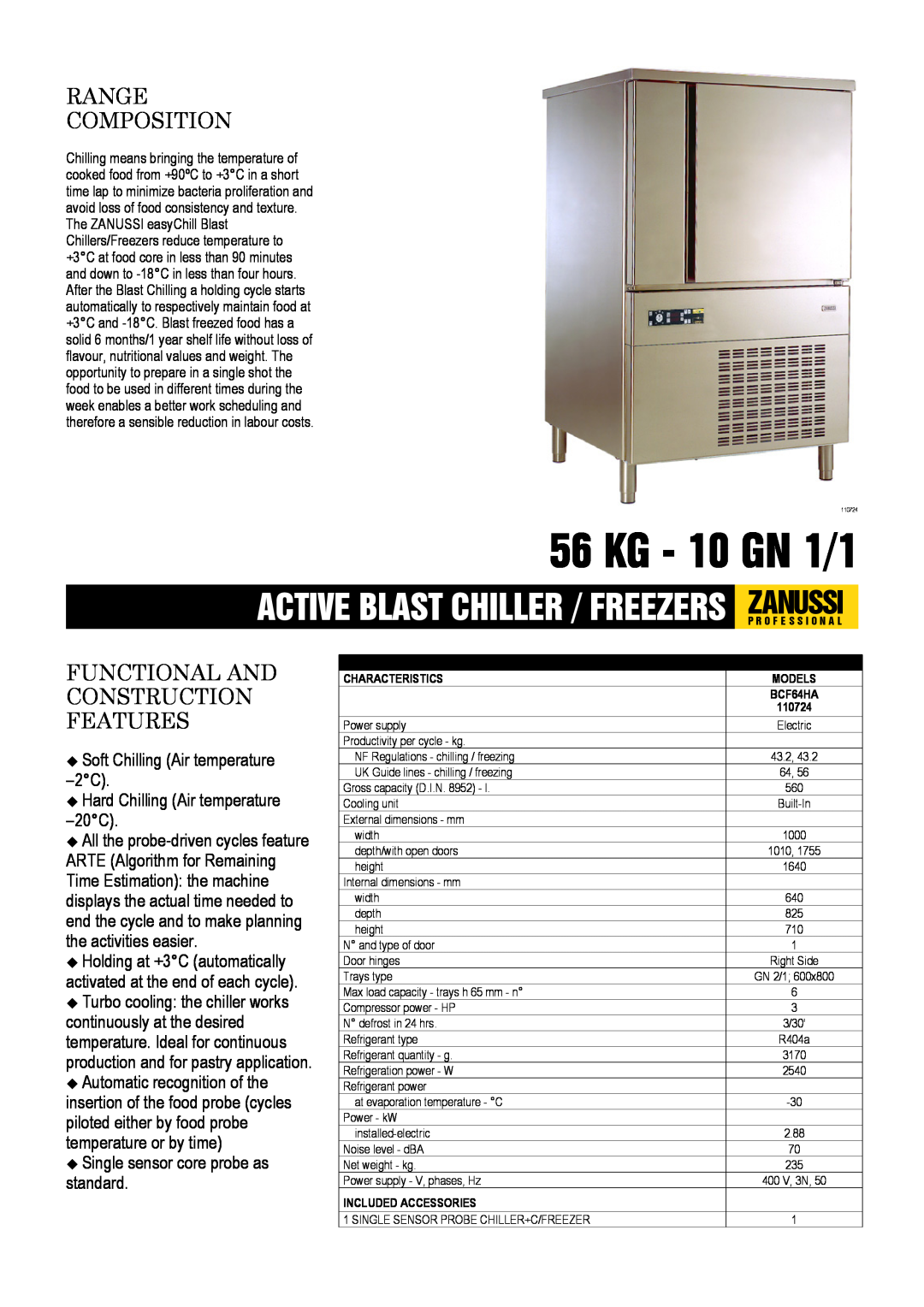 Electrolux 110724, BCF64HA dimensions KG - 10 GN 1/1, Active Blast Chiller / Freezers Zanussip R O F E S S I O N A L 