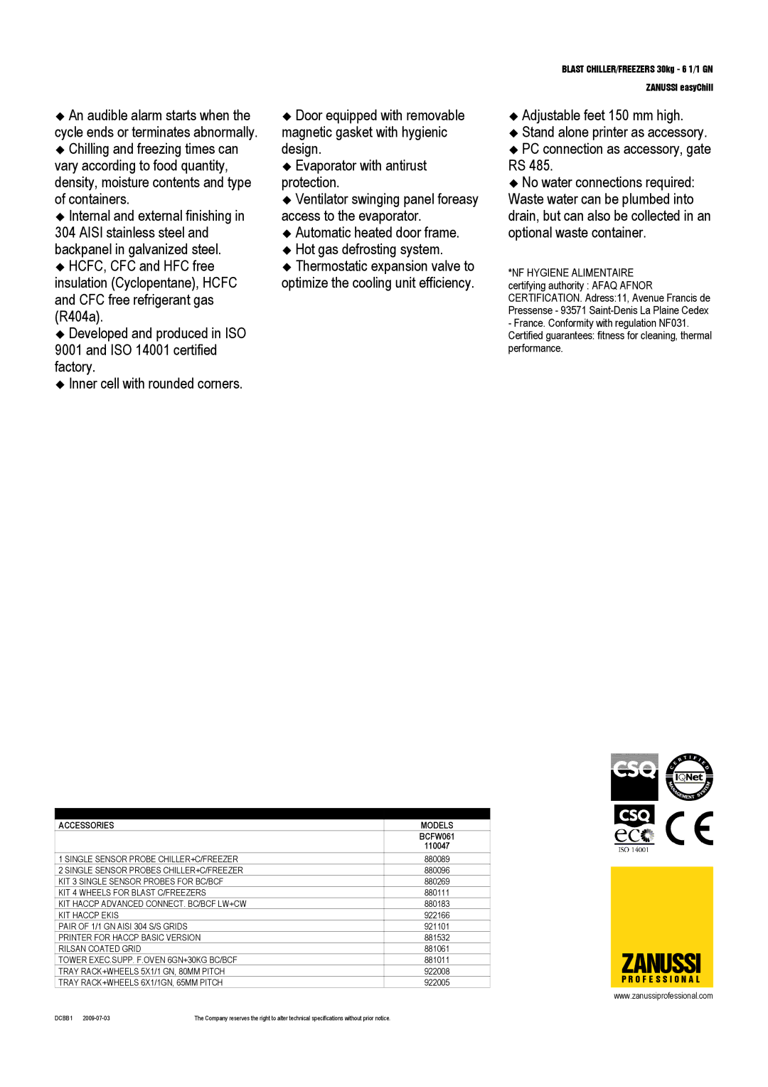 Electrolux BCFW061 dimensions Zanussi, Optional Accessories Models 