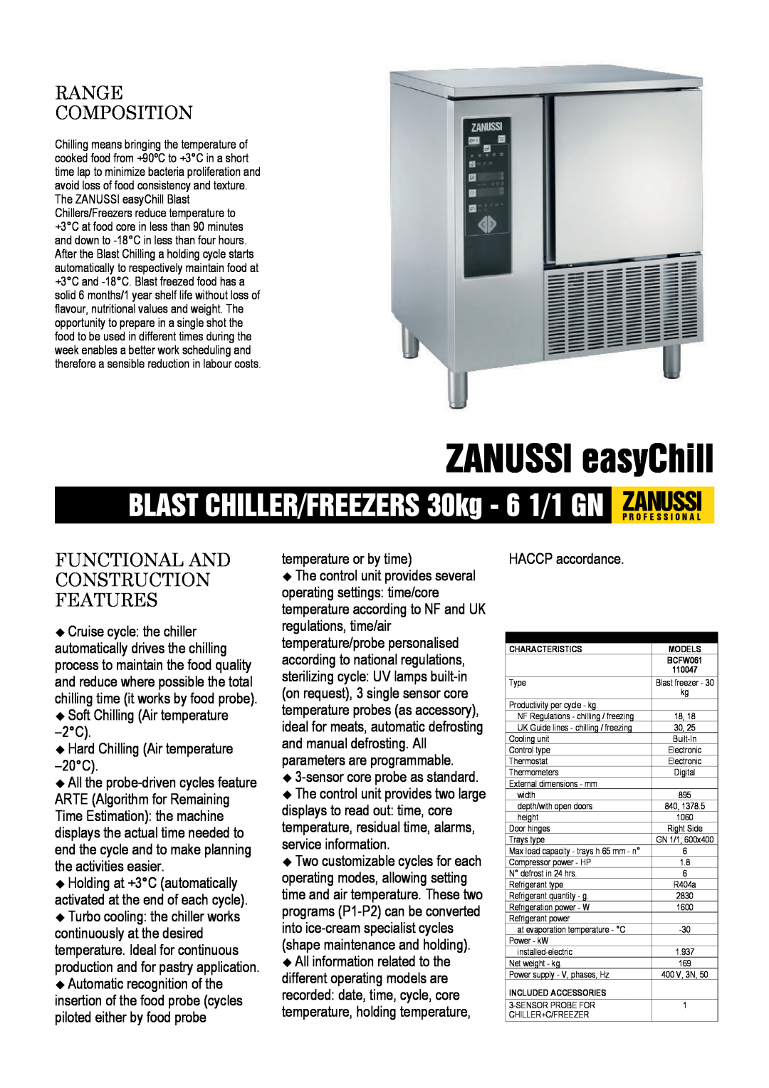 Electrolux BCFW061 dimensions ZANUSSI easyChill, BLAST CHILLER/FREEZERS 30kg - 6 1/1 GN ZANUSSIP R O F E S S I O N A L 