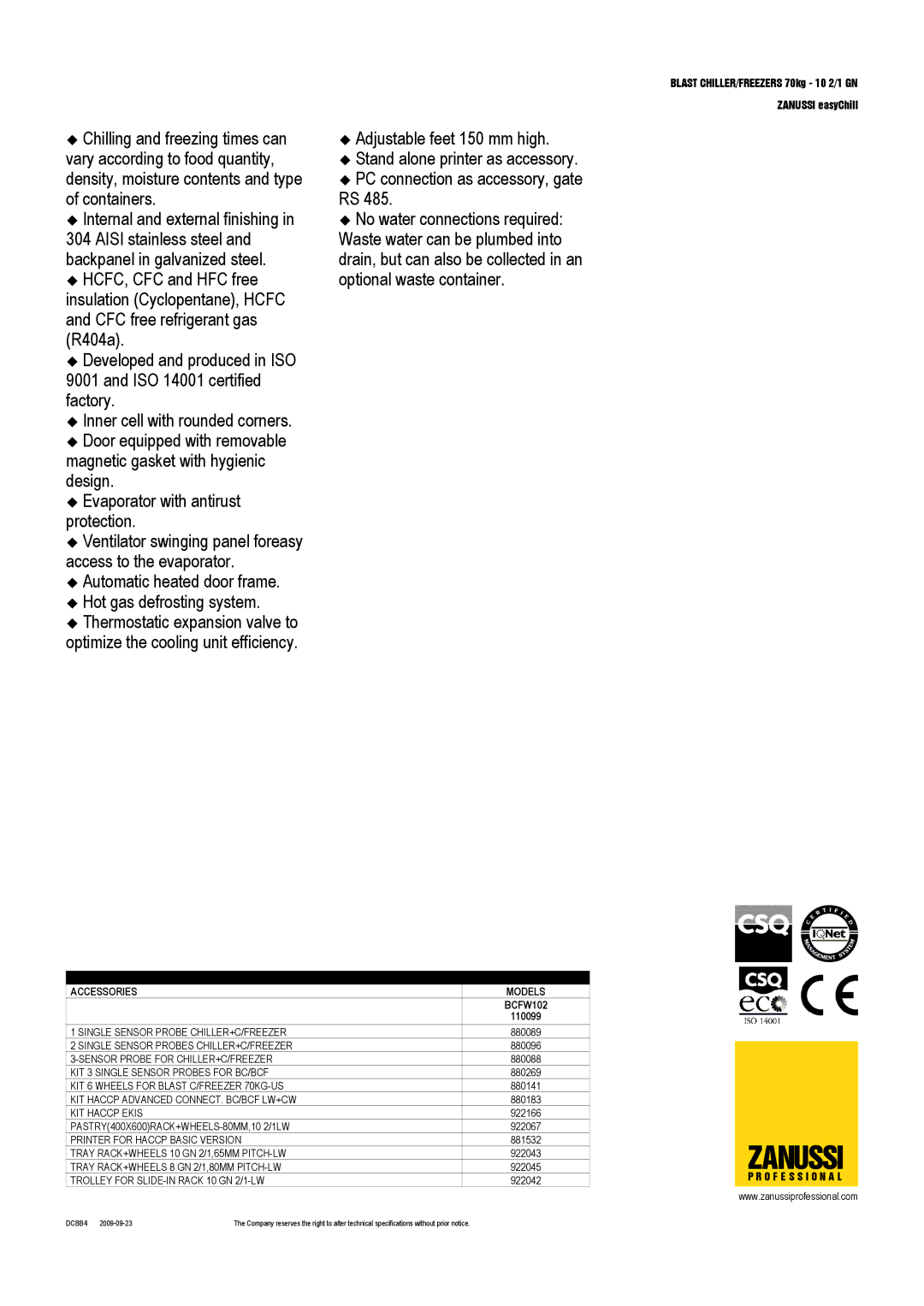 Electrolux BCFW102 dimensions Zanussi, Optional Accessories Models 