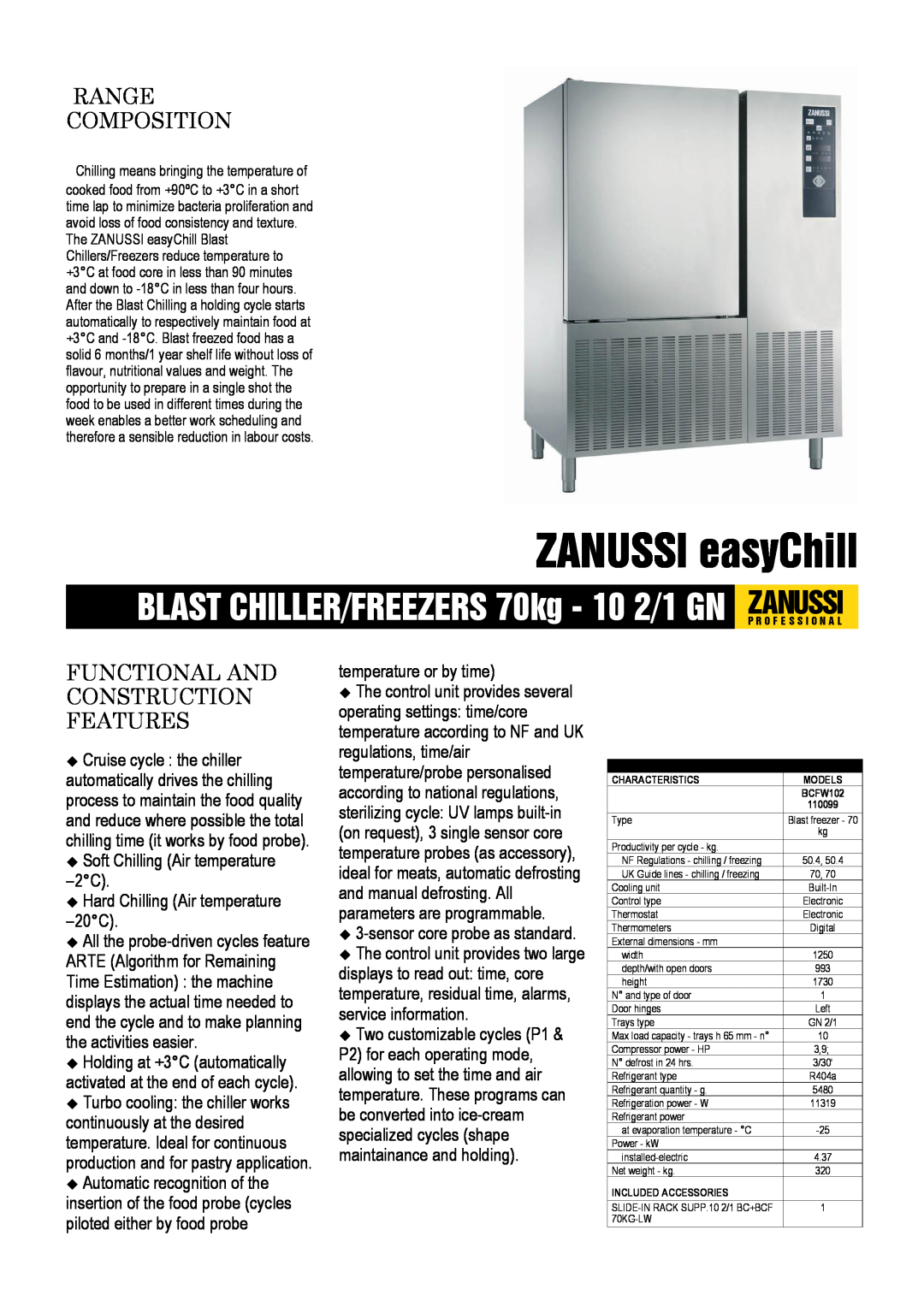 Electrolux BCFW102 dimensions ZANUSSI easyChill, Range Composition, Functional And Construction Features 