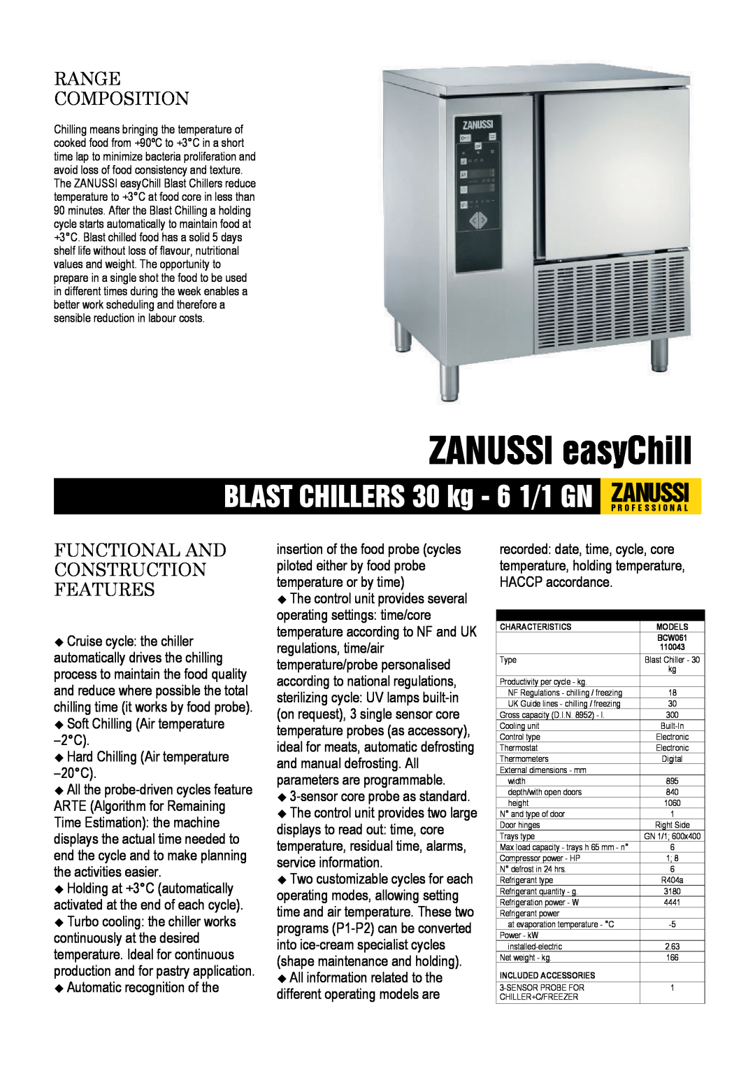 Electrolux 110043, BCW061 dimensions ZANUSSI easyChill, BLAST CHILLERS 30 kg - 6 1/1 GN ZANUSSIP R O F E S S I O N A L 