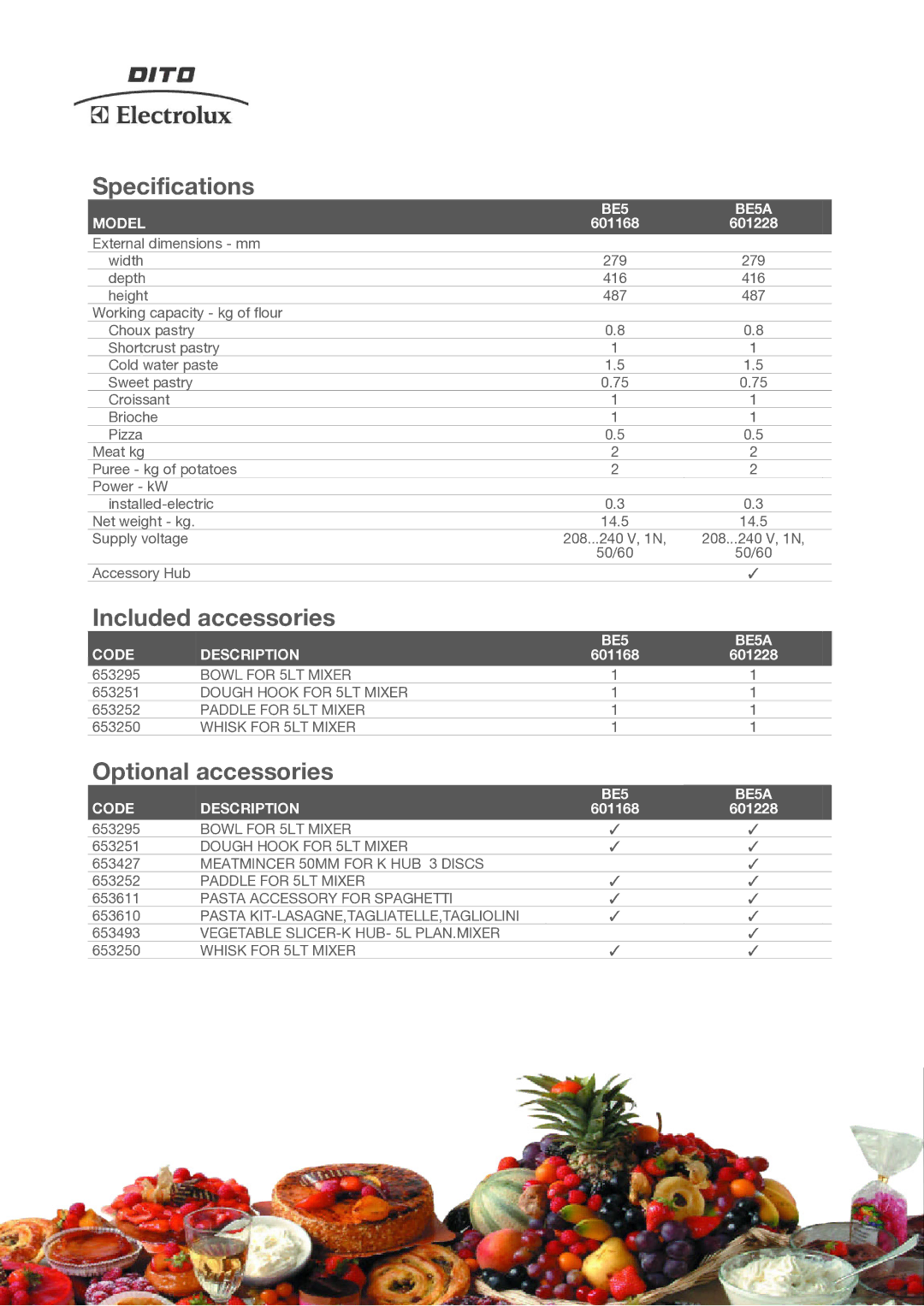 Electrolux BE5A manual Specifications, Included accessories, Optional accessories 