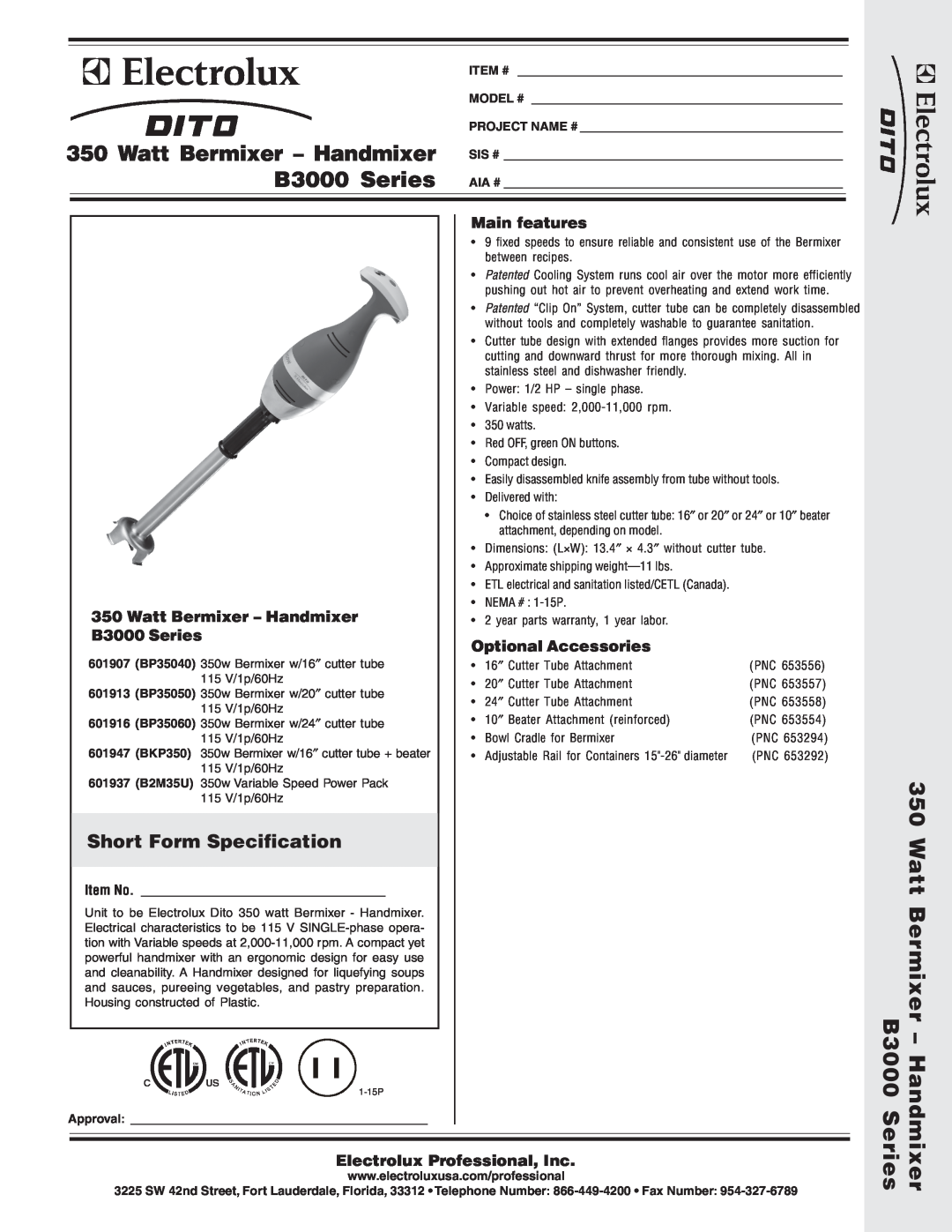 Electrolux BP35050 dimensions Short Form Specification, Item No, Watt Bermixer - Handmixer, B3000 Series, Main features 