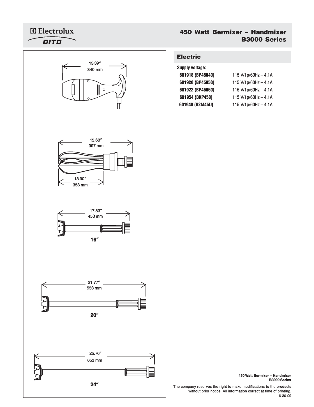 Electrolux Watt Bermixer - Handmixer B3000 Series, Supply voltage, 601918 BP45040, 601920 BP45050, 601922 BP45060 