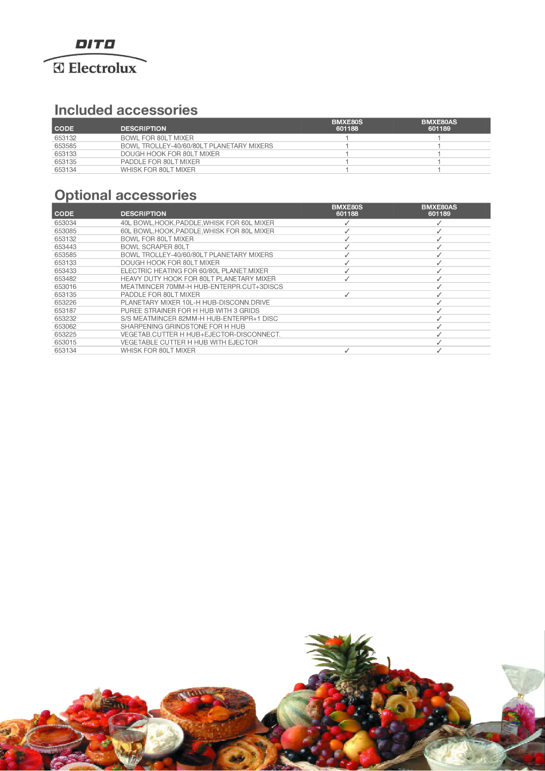 Electrolux manual Included accessories, Optional accessories, Code Description BMXE80S BMXE80AS 