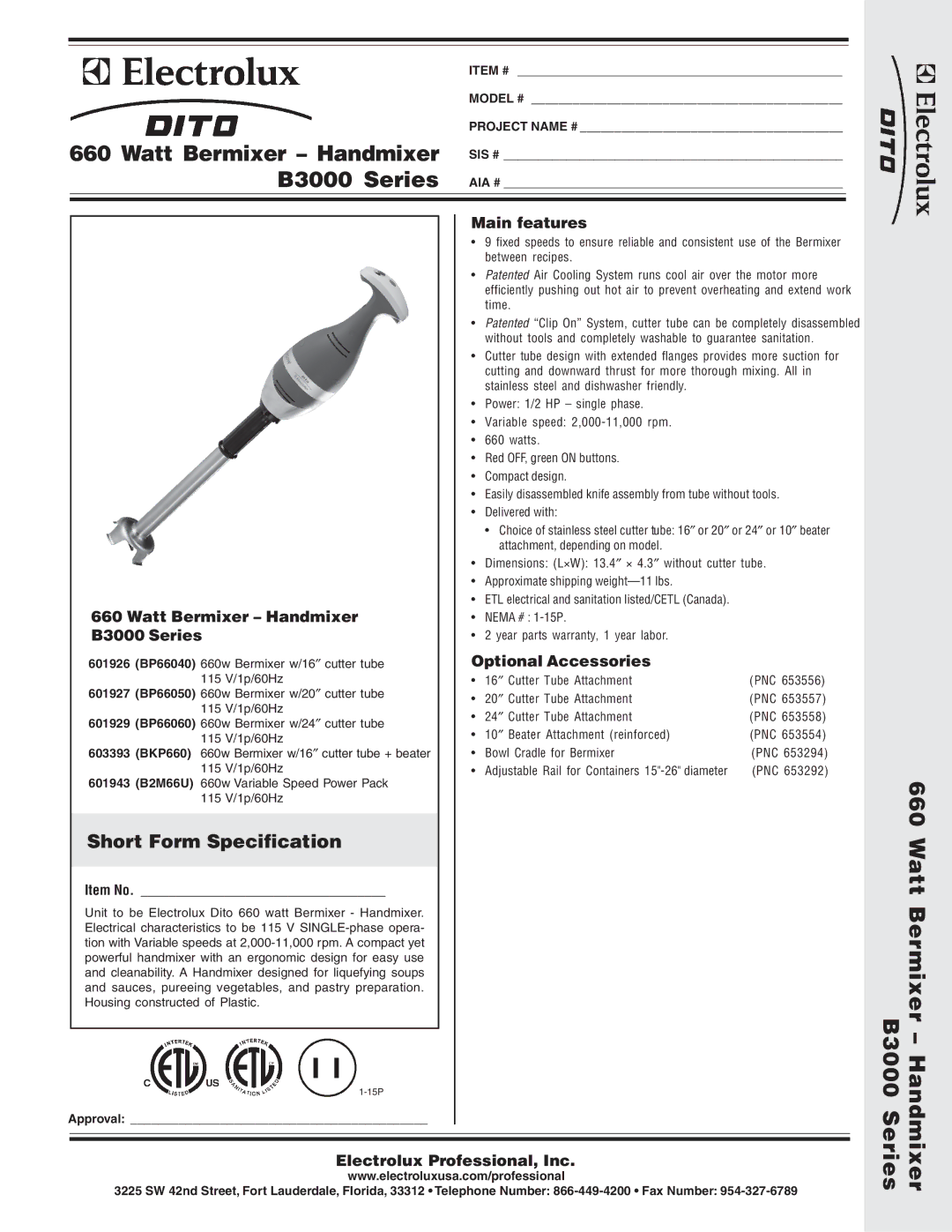 Electrolux BP66060, BP66050, BKP660 dimensions Watt Bermixer Handmixer B3000 Series, Short Form Specification 