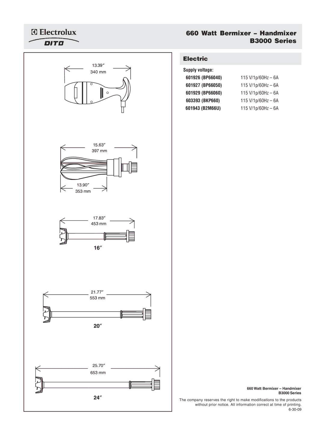 Electrolux BKP660, BP66050, BP66060, BP66040, 601929, 601927, 601926, 603393, B2M66U, 601943 Watt Bermixer Handmixer B3000 Series 