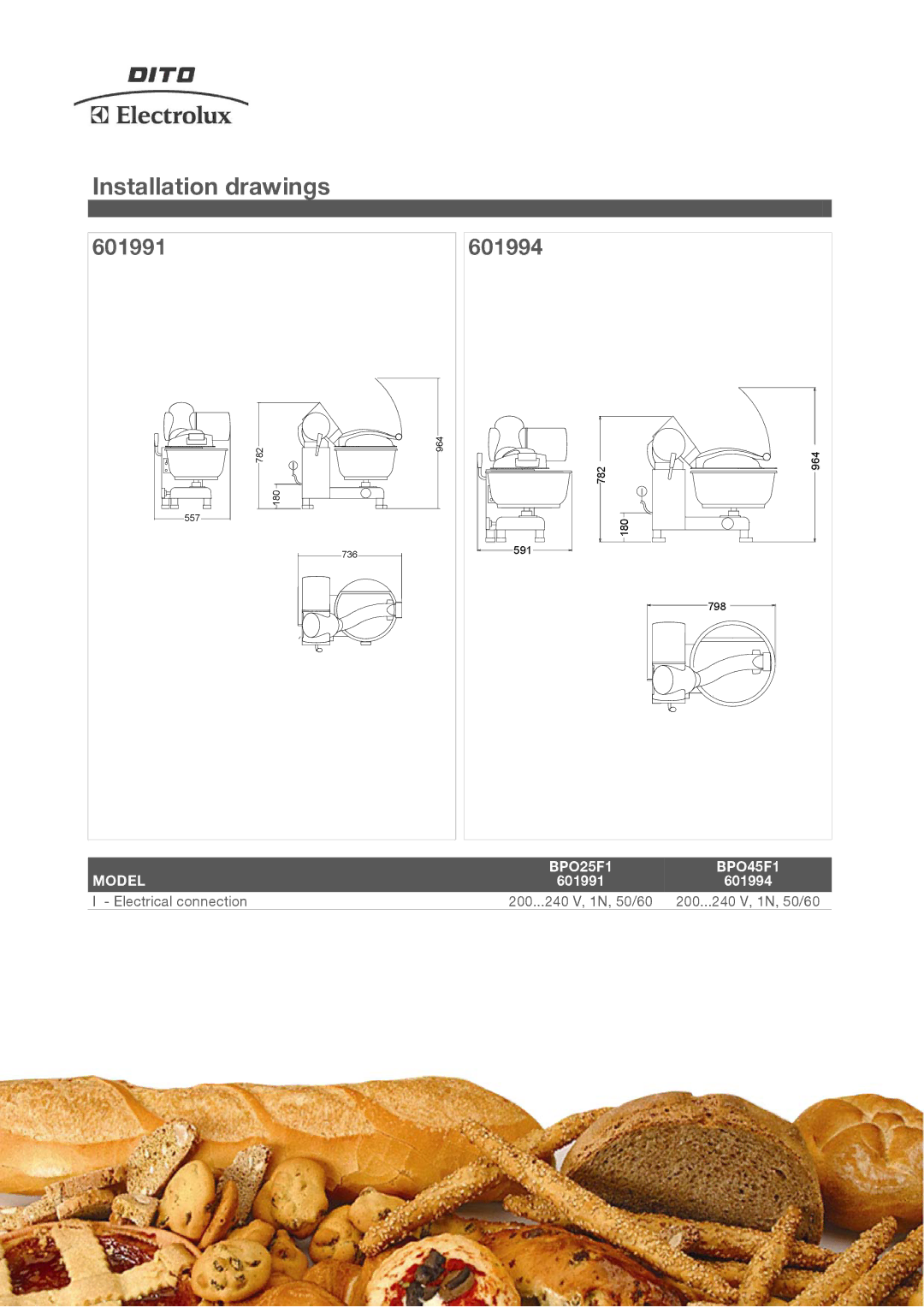 Electrolux BPO45F1, BPO25F1, 601994 manual Installation drawings, 601991 