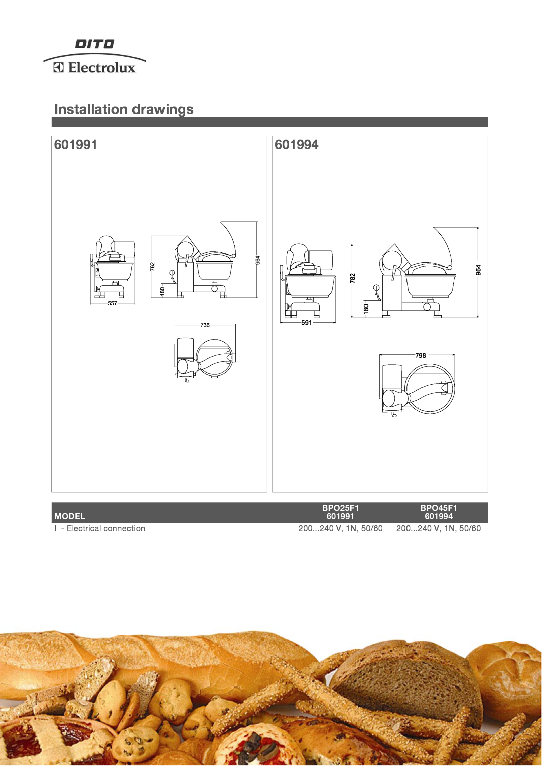 Electrolux BPO45F1, BPO25F1 manual Installation drawings, 601991, 601994, 782 180, 964 736 