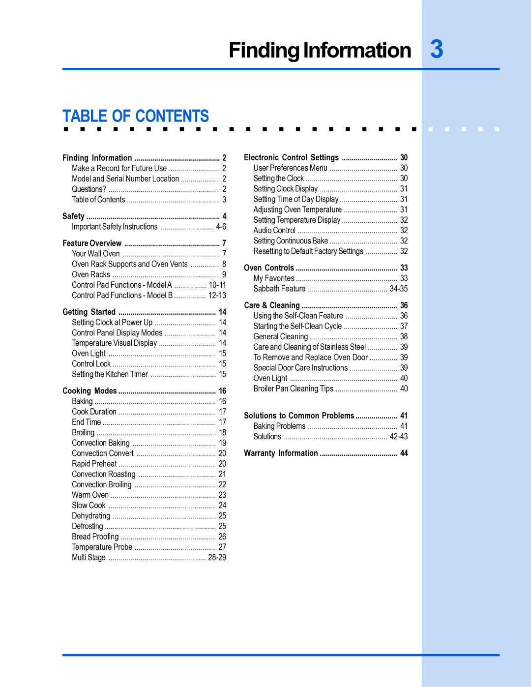 Electrolux Built-In Wall Oven manual Finding Information, Table of Contents 