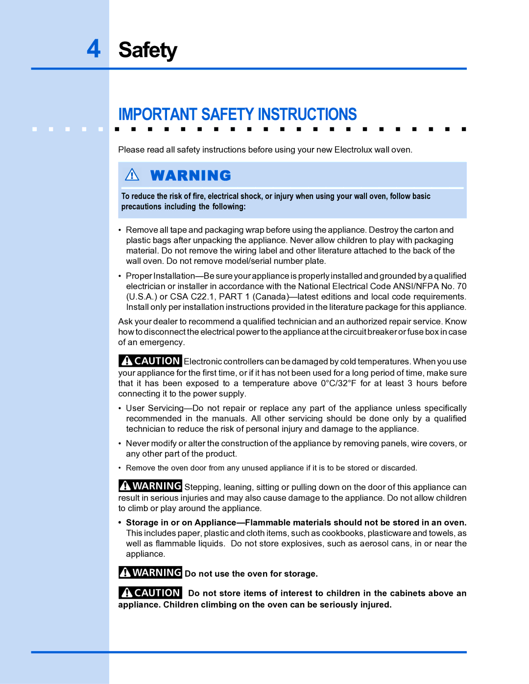 Electrolux Built-In Wall Oven manual Important Safety Instructions 