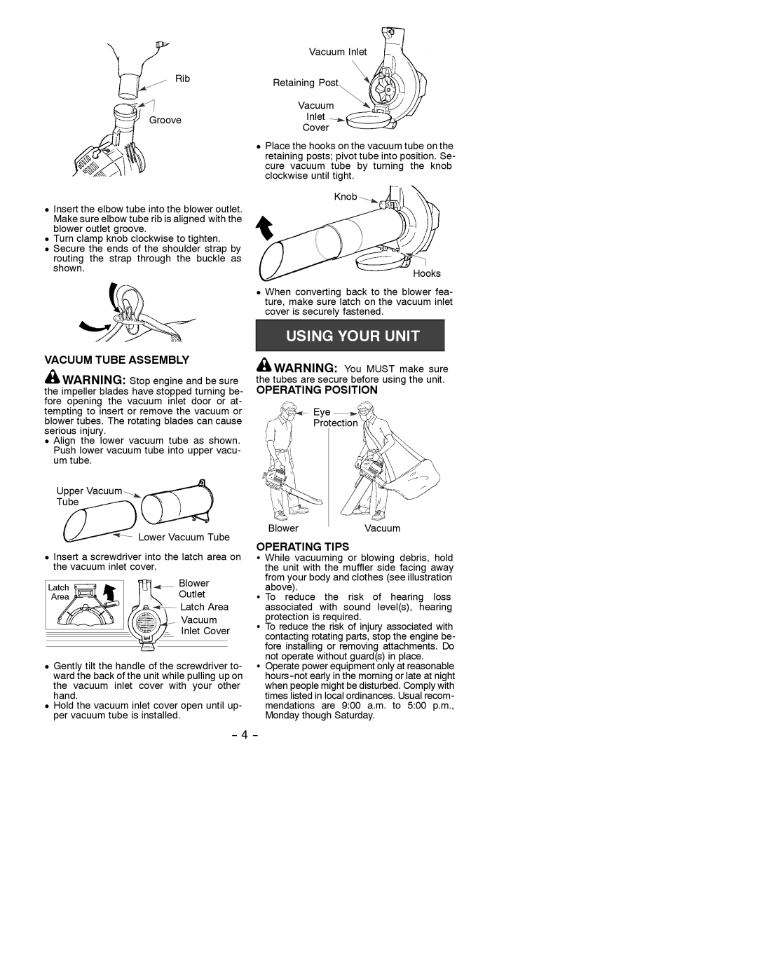 Electrolux BVM200 instruction manual Vacuum Tube Assembly, Operating Position, Operating Tips 