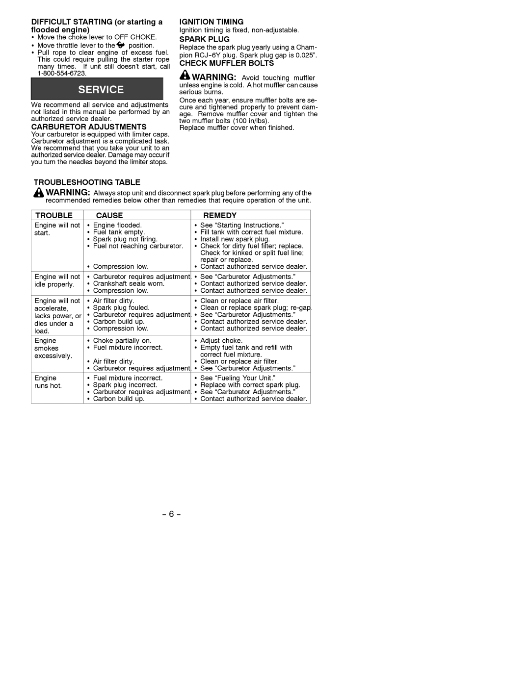 Electrolux BVM200 instruction manual Carburetor Adjustments, Ignition Timing, Spark Plug, Check Muffler Bolts 