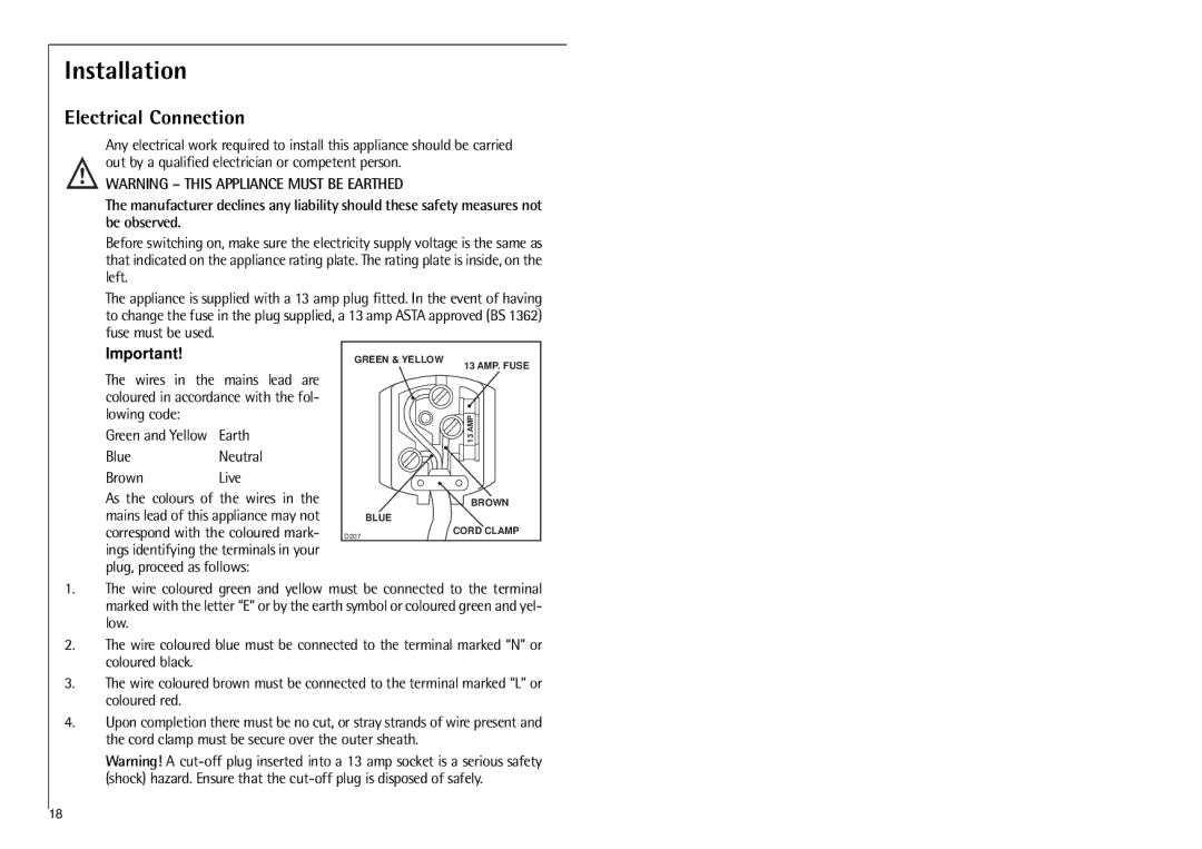 Electrolux C 6 18 41 i installation instructions Installation, Electrical Connection 