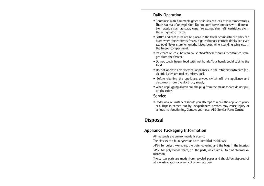 Electrolux C 6 18 41 i installation instructions Disposal, Daily Operation, Service, Appliance Packaging Information 