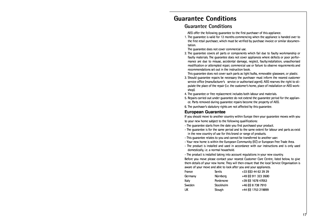 Electrolux C 6 18 41 i installation instructions Guarantee Conditions, European Guarantee 