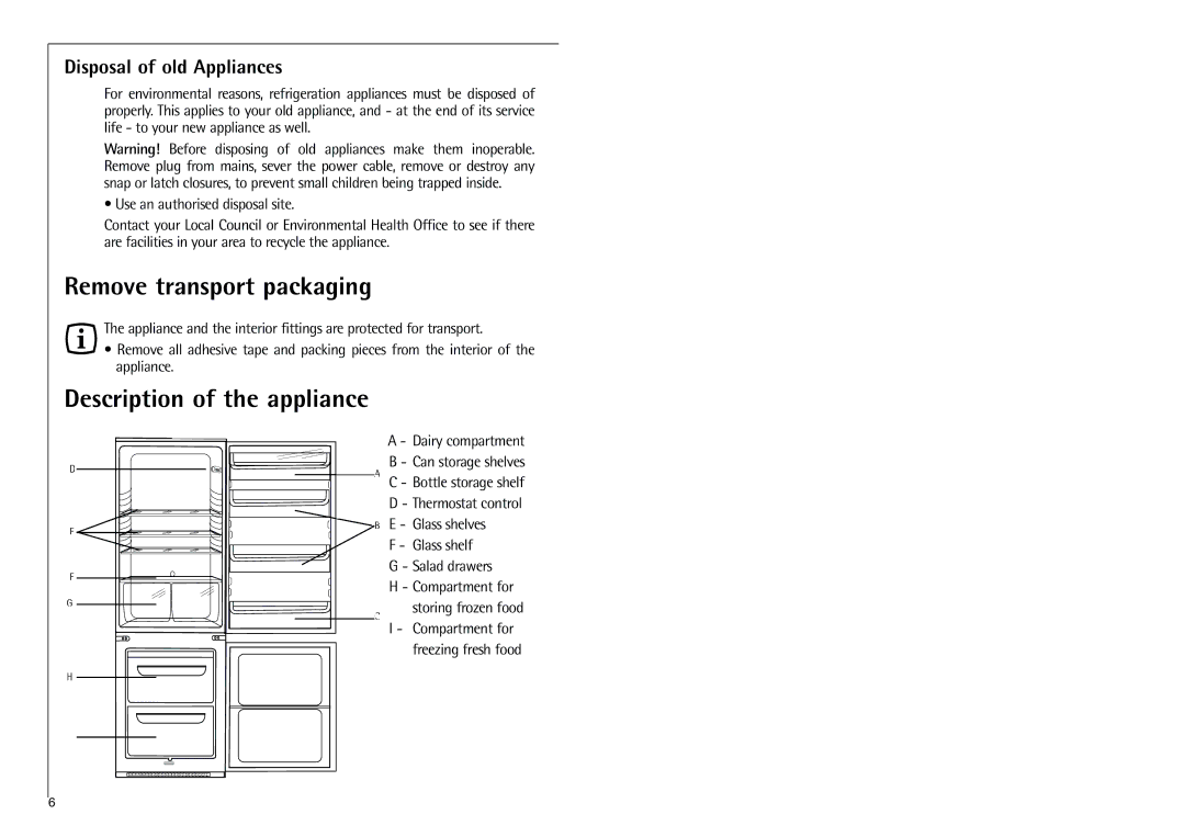 Electrolux C 7 1440 i Remove transport packaging, Description of the appliance, Disposal of old Appliances 