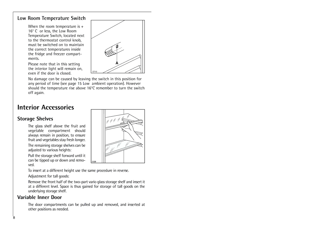 Electrolux C 7 1440 i installation instructions Interior Accessories, Storage Shelves, Variable Inner Door 