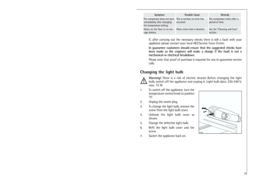 Electrolux C 7 18 41-4i installation instructions Changing the light bulb, Switch the appliance back on 