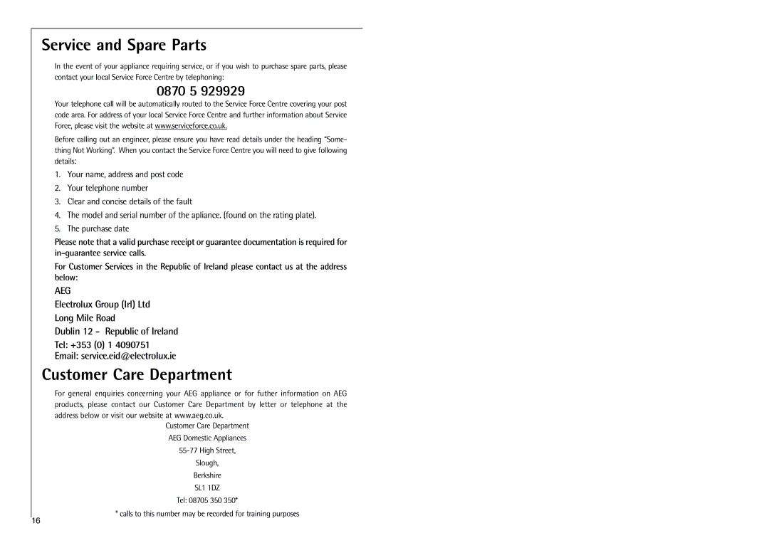 Electrolux C 7 18 41-4i installation instructions Service and Spare Parts, Customer Care Department 