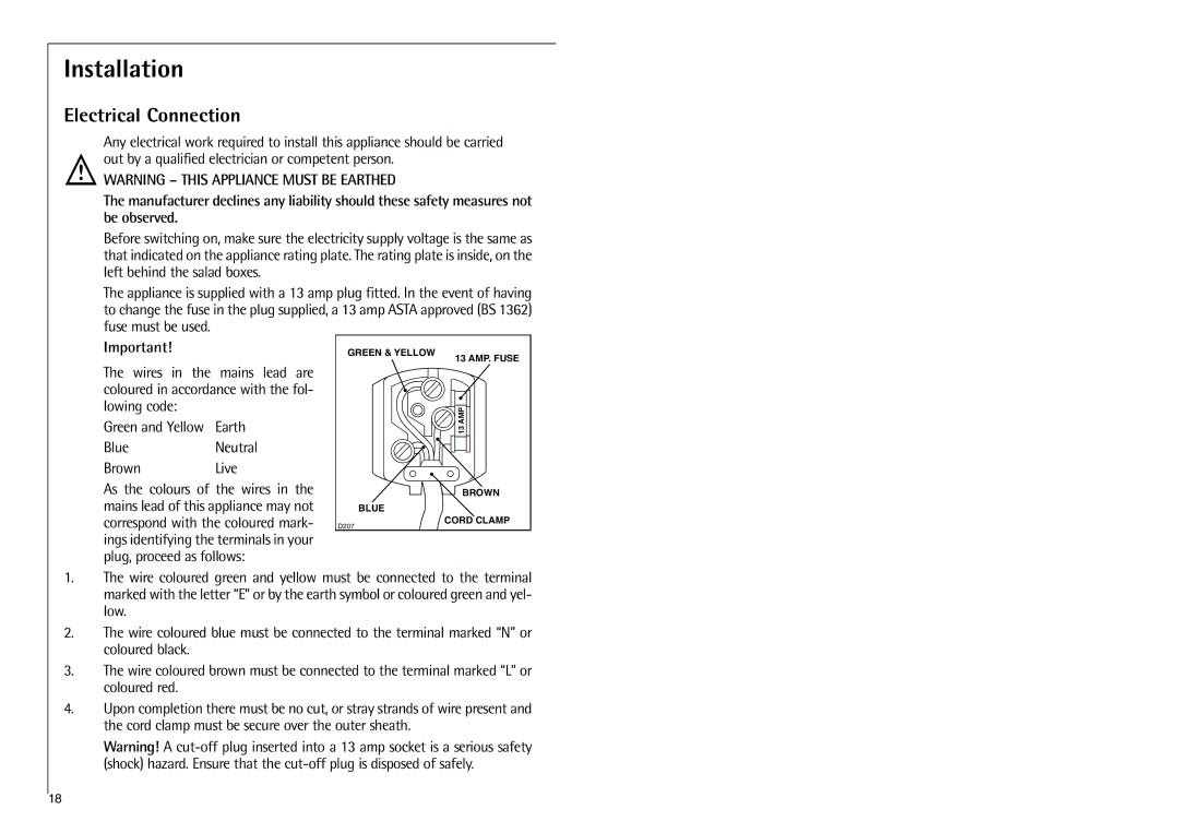 Electrolux C 7 18 41-4i installation instructions Installation, Electrical Connection 