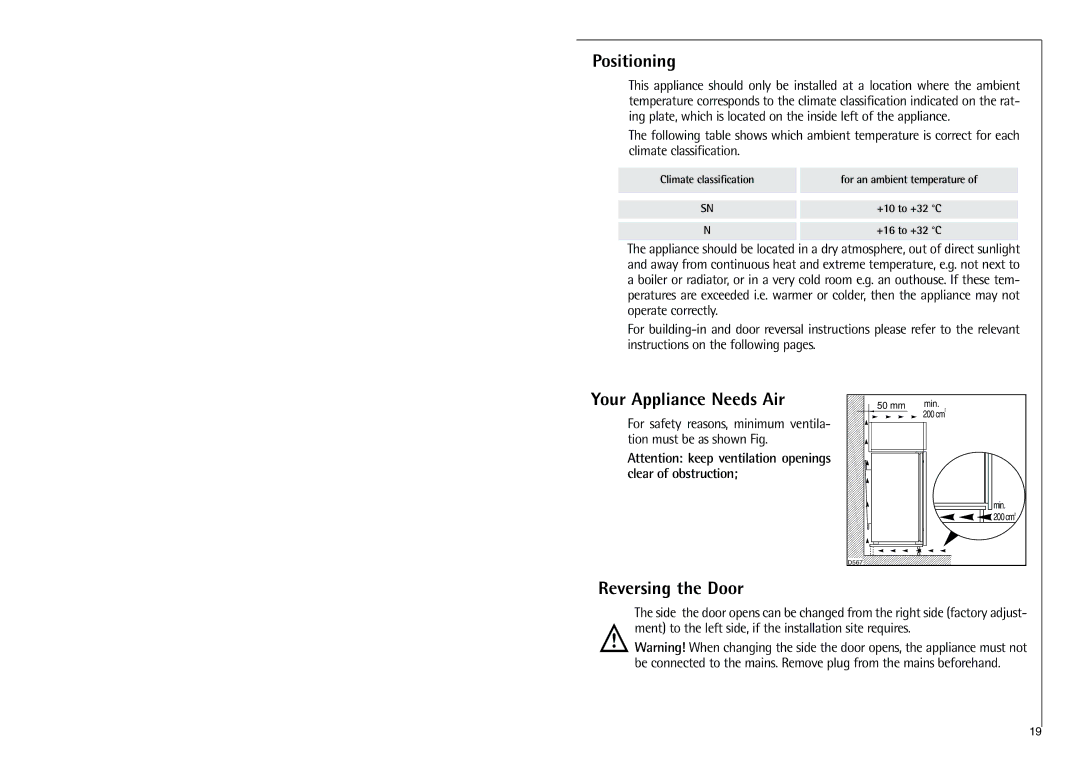 Electrolux C 7 18 41-4i installation instructions Positioning, Your Appliance Needs Air, Reversing the Door 