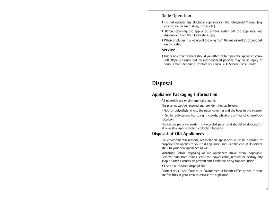 Electrolux C 7 18 41-4i Daily Operation, Service, Appliance Packaging Information, Disposal of Old Appliances 