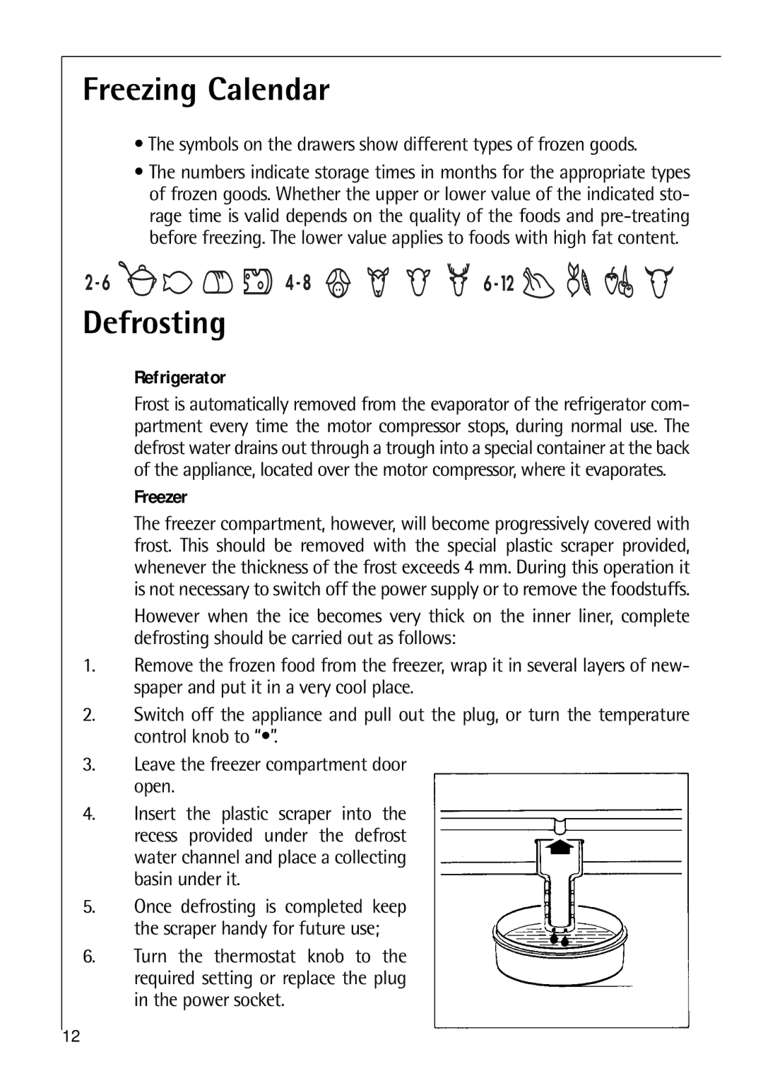 Electrolux C 8 18 43 i Freezing Calendar, Defrosting, Symbols on the drawers show different types of frozen goods 