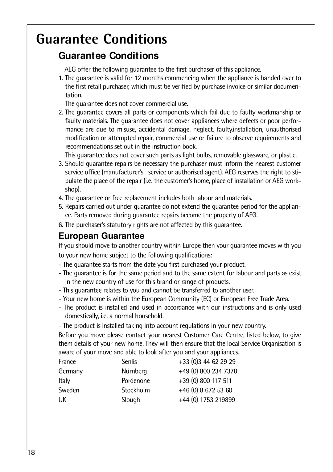 Electrolux C 8 18 43 i installation instructions Guarantee Conditions 