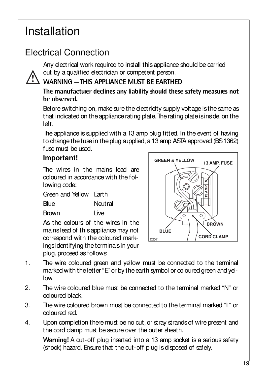 Electrolux C 8 18 43 i installation instructions Installation, Electrical Connection 