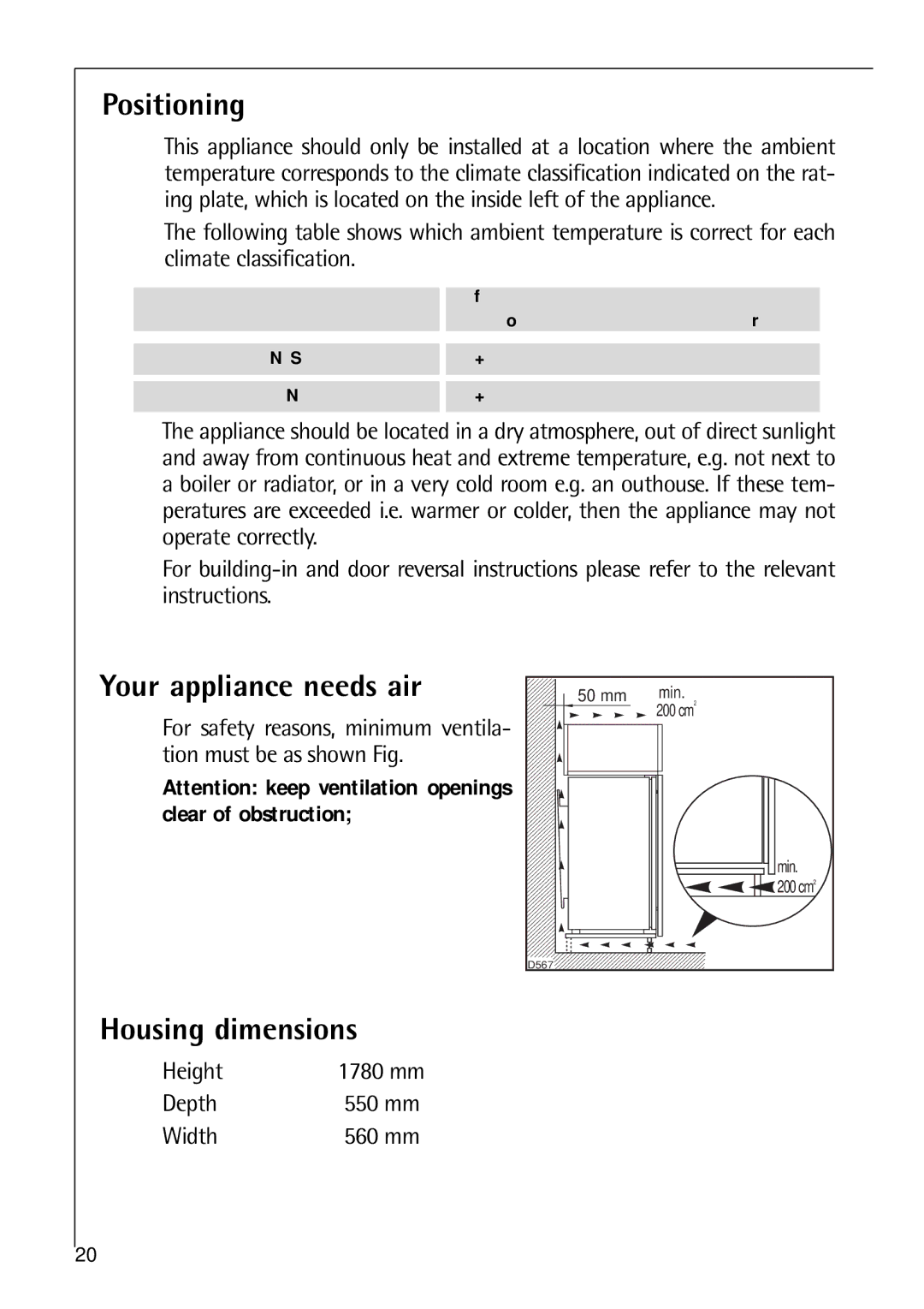 Electrolux C 8 18 43 i installation instructions Positioning, Your appliance needs air, Housing dimensions 