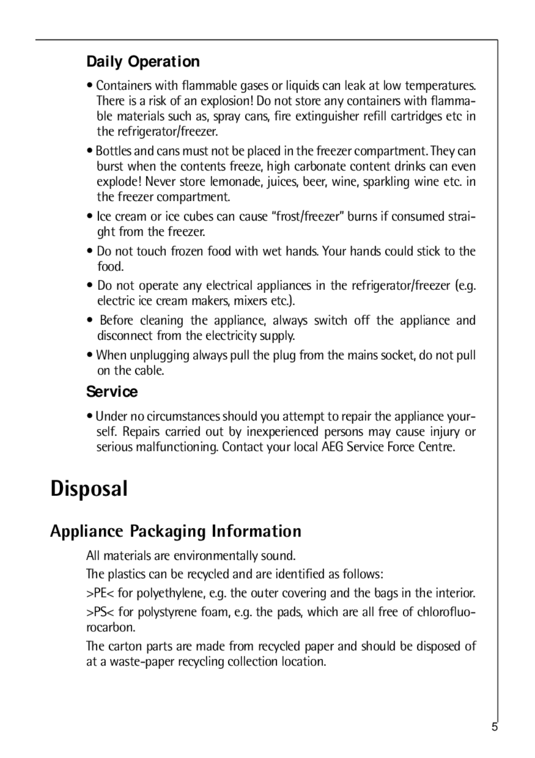 Electrolux C 8 18 43 i installation instructions Disposal, Daily Operation, Service, Appliance Packaging Information 