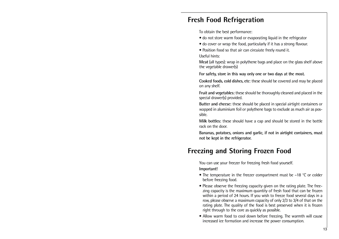 Electrolux C 9 18 43-4i installation instructions Fresh Food Refrigeration, Freezing and Storing Frozen Food 