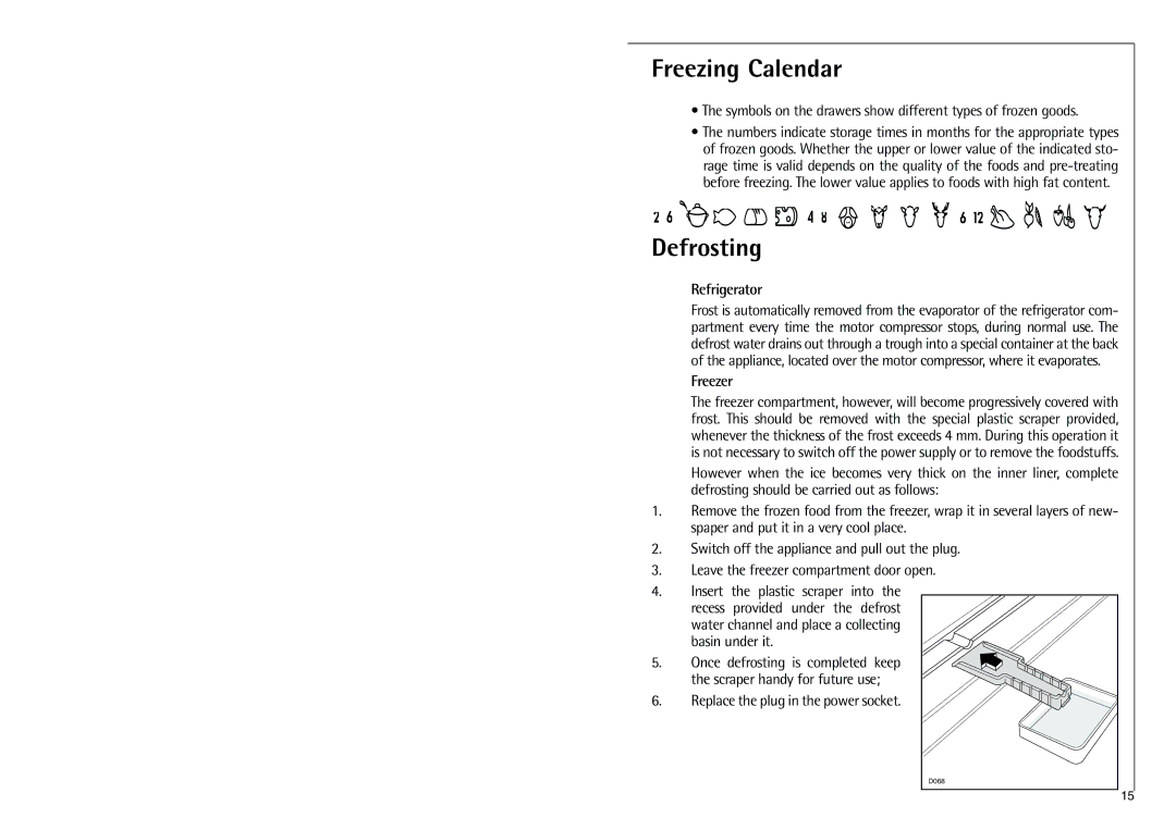 Electrolux C 9 18 43-4i Freezing Calendar, Defrosting, Symbols on the drawers show different types of frozen goods 