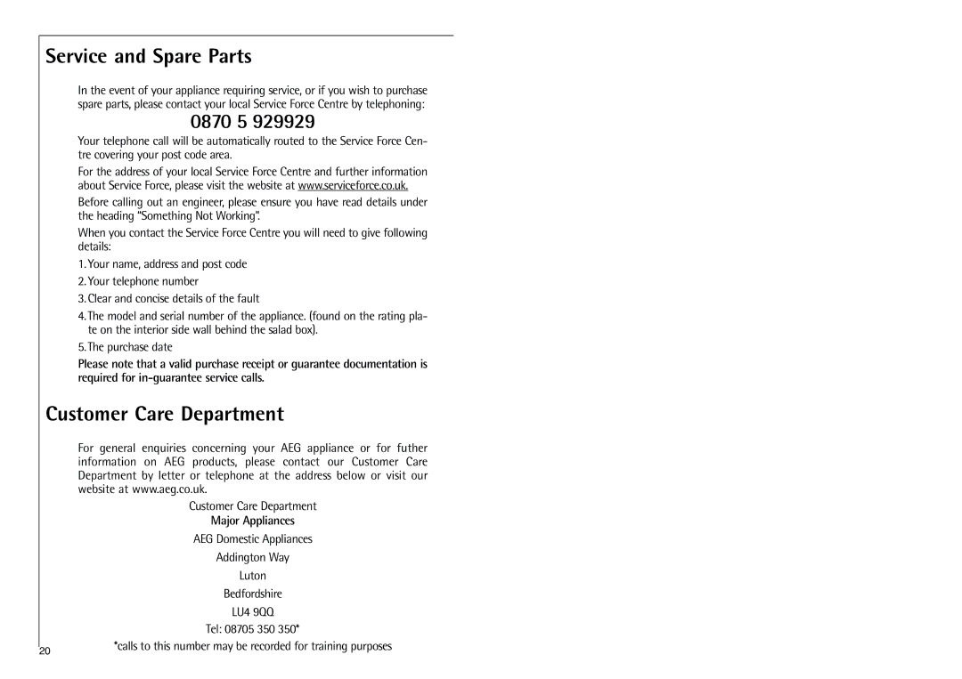 Electrolux C 9 18 43-4i installation instructions Service and Spare Parts, 0870 5, Customer Care Department 