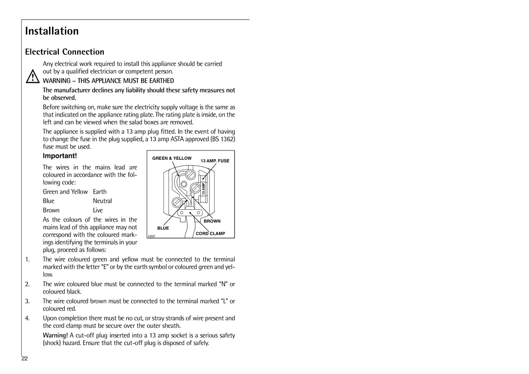 Electrolux C 9 18 43-4i installation instructions Installation, Electrical Connection 