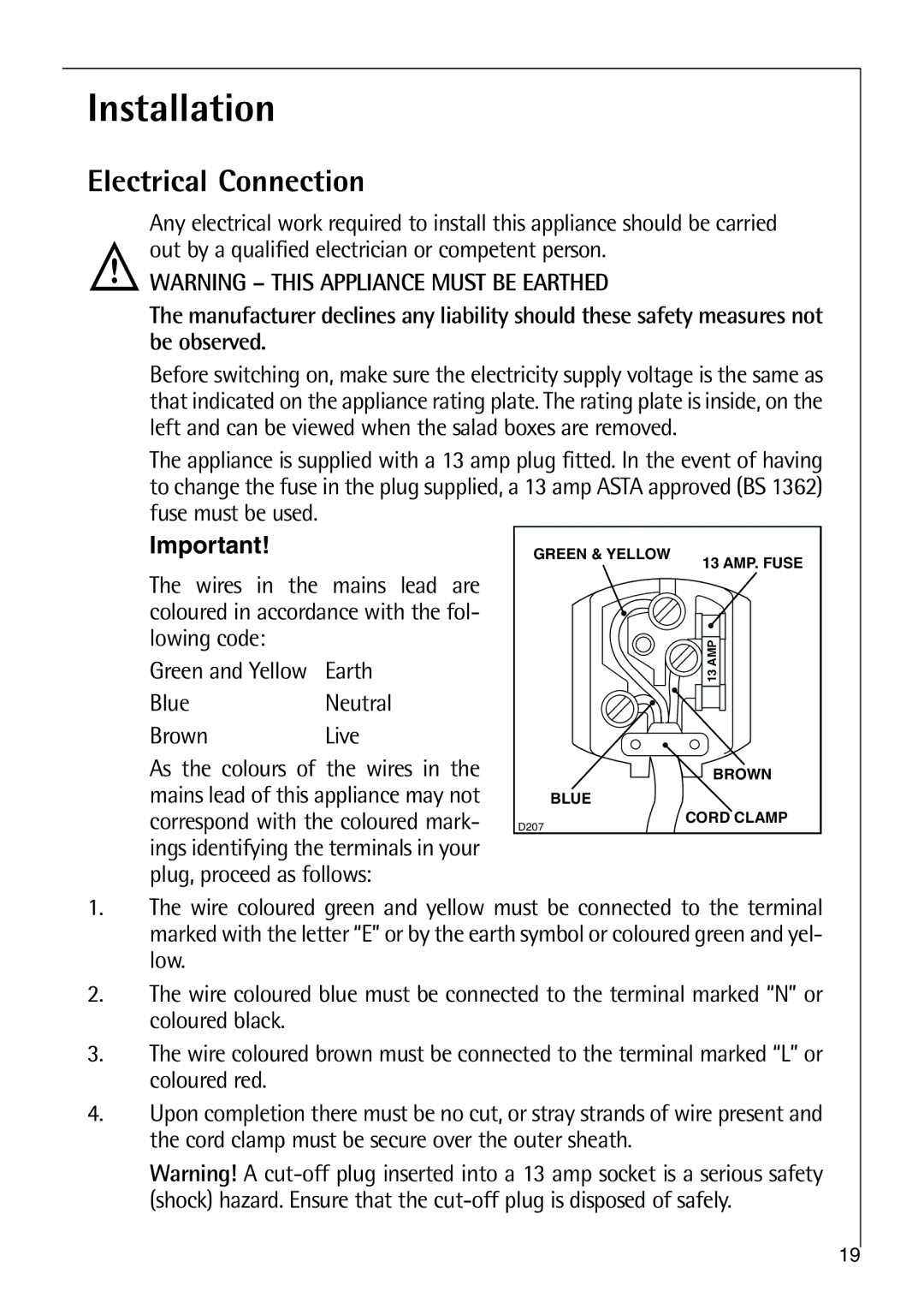 Electrolux C 9 18 44-5 i user manual Installation, Electrical Connection 