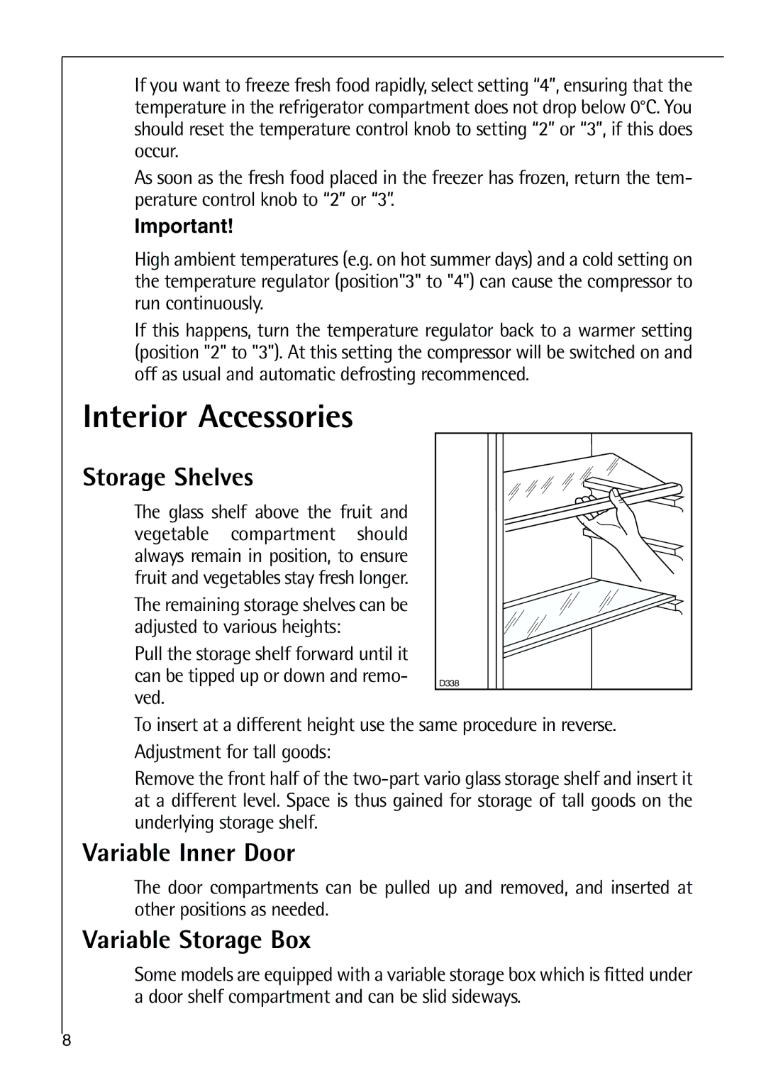 Electrolux C 9 18 44-5 i user manual Interior Accessories, Storage Shelves, Variable Inner Door, Variable Storage Box 