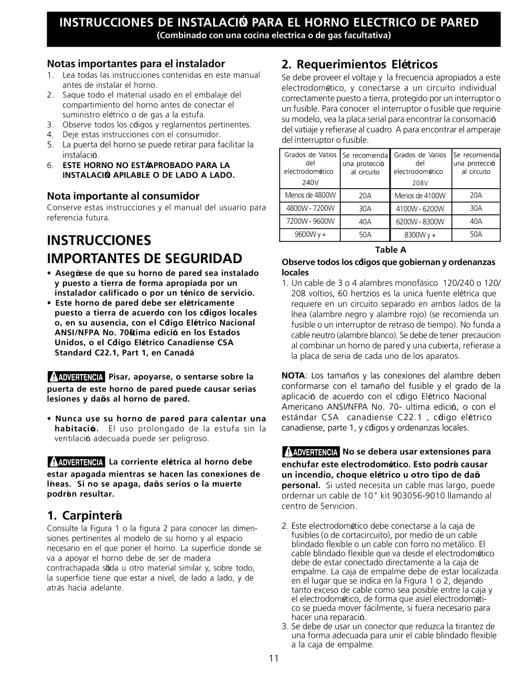 Electrolux B Requerimientos Eléctricos, Carpintería, Notas importantes para el instalador, Nota importante al consumidor 