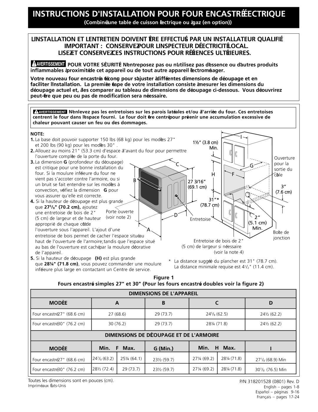 Electrolux A, C, B Instructions Dinstallation Pour Four Encastré Électrique, Dimensions DE Lappareil Modèle 