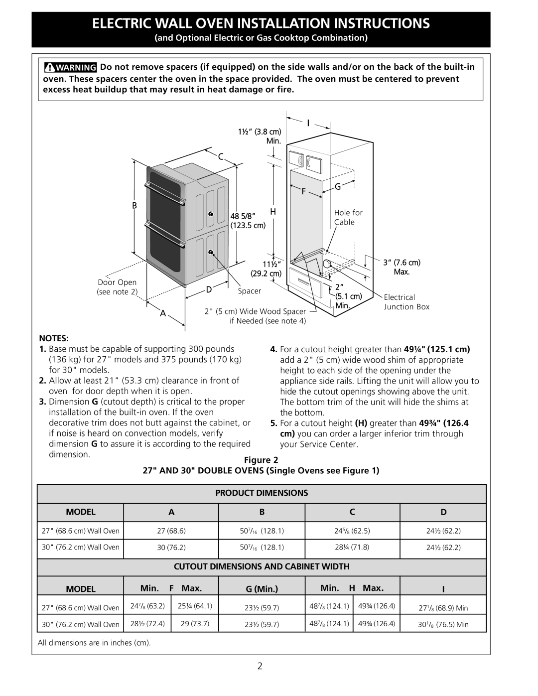 Electrolux A, B installation instructions Product Dimensions Model, Cutout Dimensions and Cabinet Width 