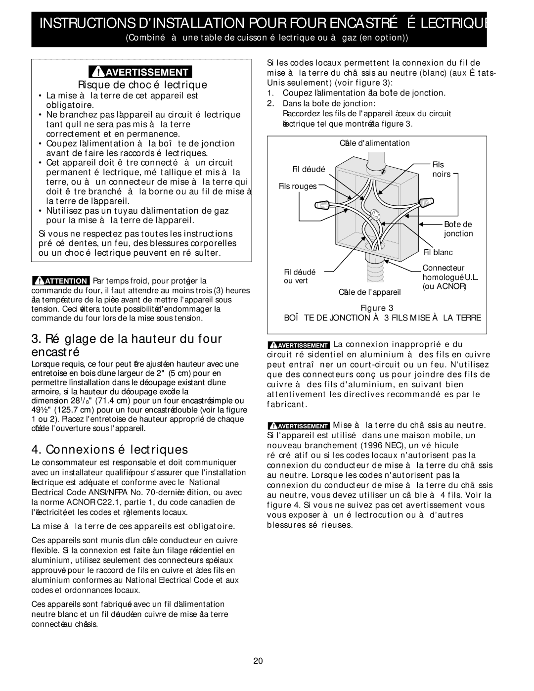 Electrolux A, D, B Réglage de la hauteur du four encastré, Connexions électriques, Risque de choc électrique 