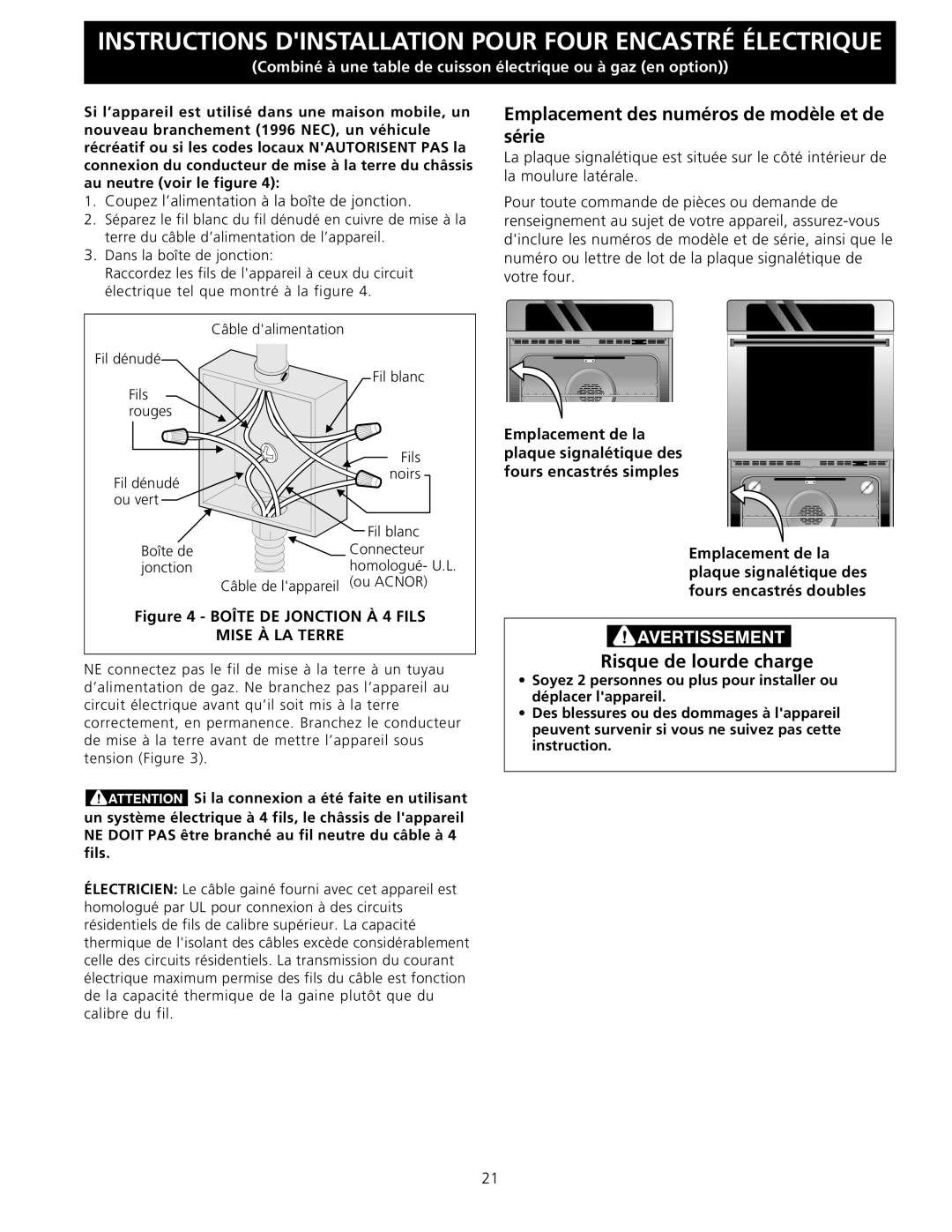 Electrolux A, C, D, B installation instructions Emplacement des numéros de modèle et de série, Risque de lourde charge 